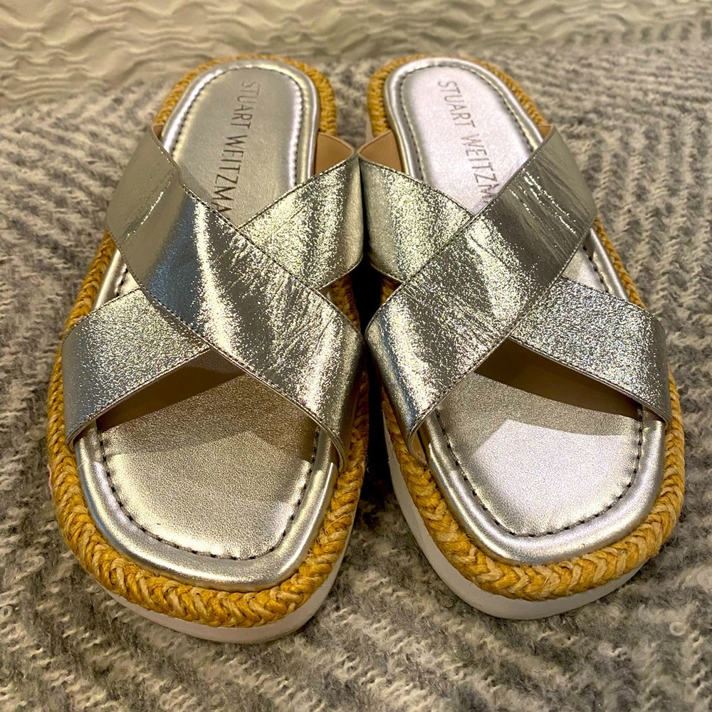 Stuart Weitzman criss cross sporty sandals in silver